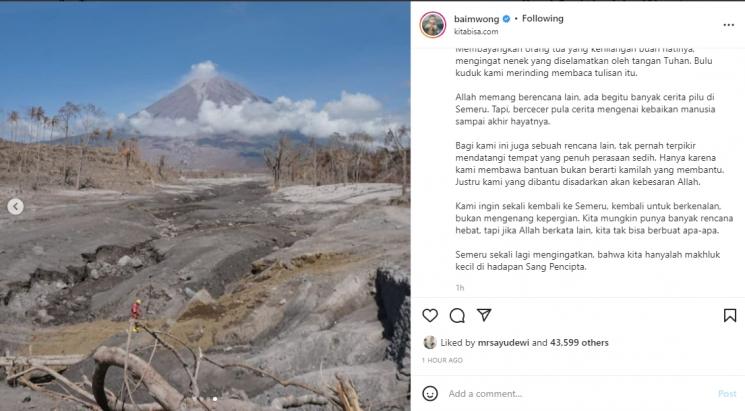 Baim Wong mengungkapkan kisah pilu yang ia dapat dari Semeru. (Instagram/baimwong)