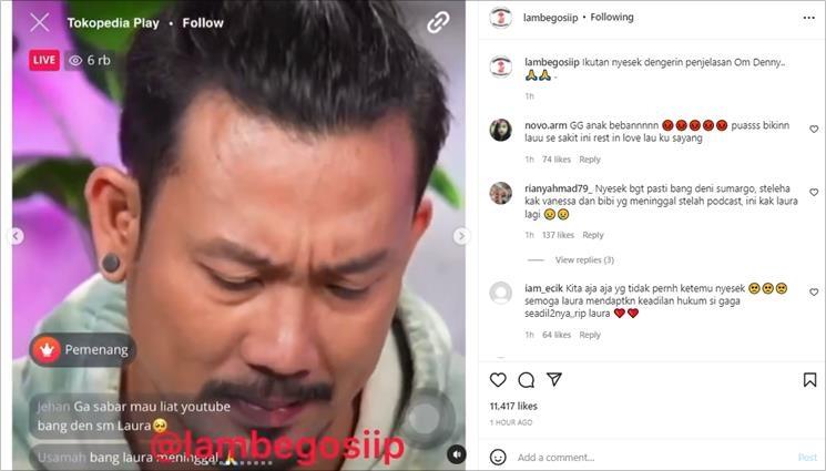 Denny Sumargo ikut berduga Laura Anna meninggal dunia. (Instagram/@lambegosiip)