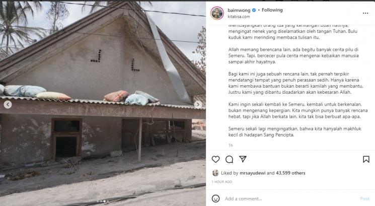 Baim Wong mengungkapkan kisah pilu yang ia dapat dari Semeru. (Instagram/baimwong)