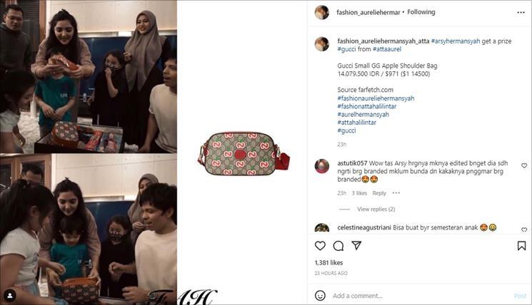 Harga hadiah ulang tahun Arsy dari Atta dan Aurel. (Instagram/@fashion_aureliehermansyah_atta)