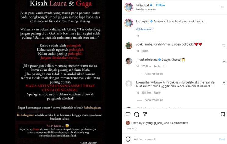 Lutfi Agizal ikut komentari tragedi kecelakaan Laura Anna. (Instagram/@lutfiagizal)
