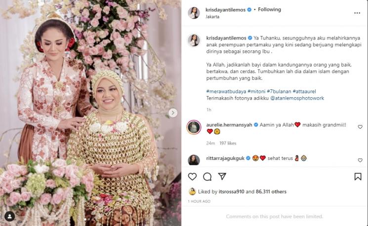 Krisdayanti tulis pesan haru usai 7 Bulanan Aurel Hermansyah. (Instagram/krisdayantilemos)