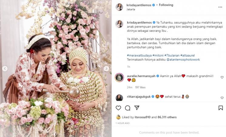 Krisdayanti tulis pesan haru usai 7 Bulanan Aurel Hermansyah. (Instagram/krisdayantilemos)