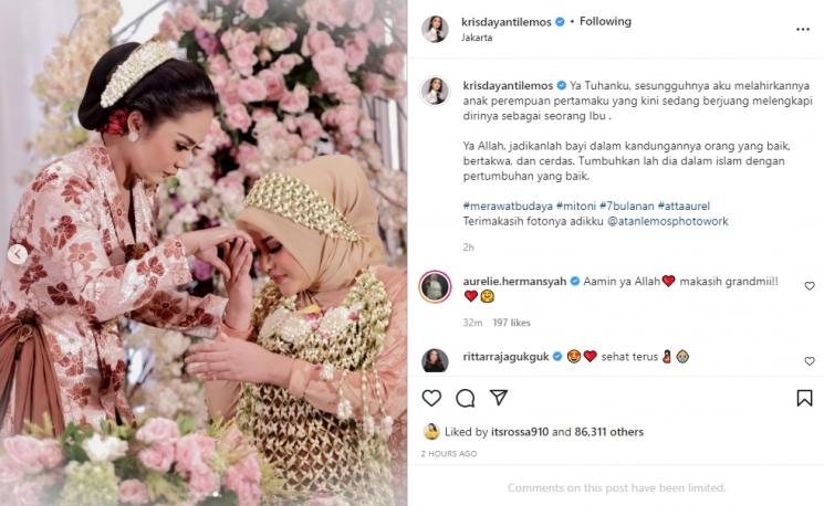 Krisdayanti tulis pesan haru usai 7 Bulanan Aurel Hermansyah. (Instagram/krisdayantilemos)