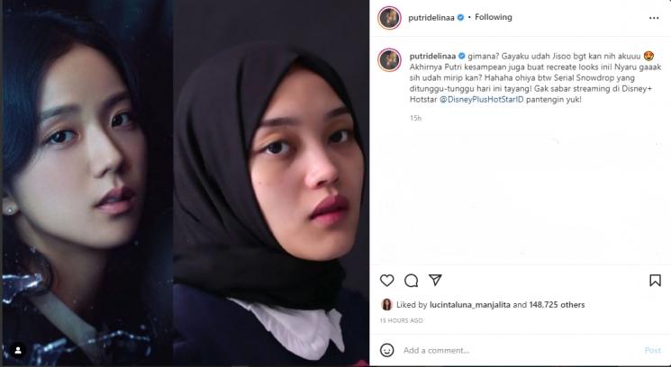 Putri Delina tirukan gaya riasan Jisoo BLACKPINK. (Instagram/putridelinaa)