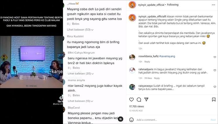 Adik Vanessa Angel, Mayang, ditanya soal gosip adik Bibi Ardiansyah pakai uang duka. (Instagram/@nyinyir_update_officialll)