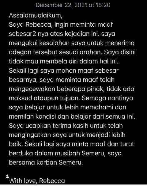 Permintaan maaf Rebecca Tamara (Instagram/@rebeccatamara)