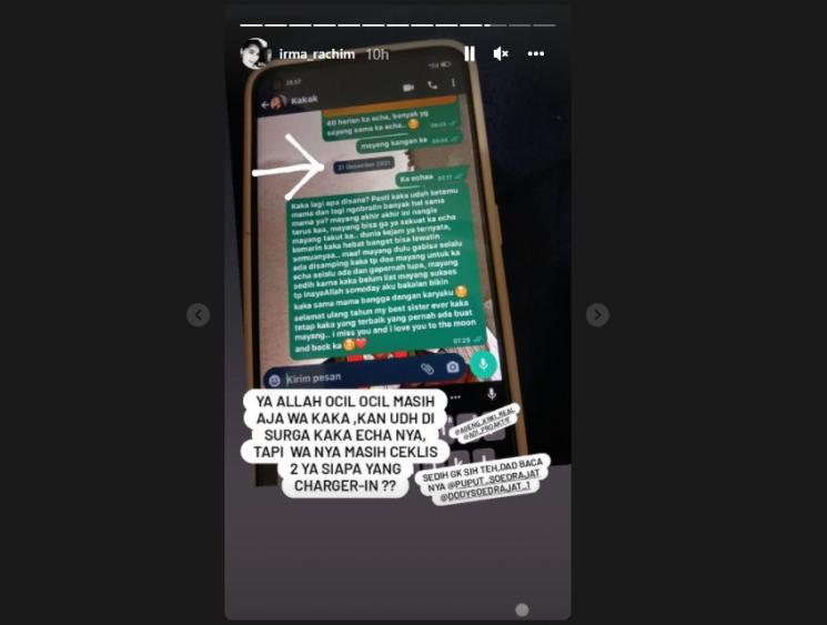 Mayang kedapatan mengirim pesan singkat melalui WhatsApp untuk Vanessa Angel. (Instagram/irma_rachim)