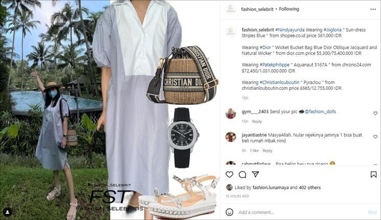 Rincian OOTD Nindy Ayunda saat liburan di Bali. (Instagram/@fashion_selebrit)