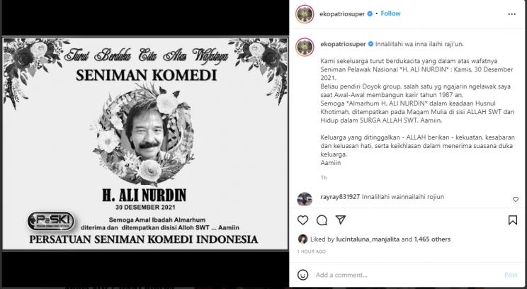 Komedian Ali Nurdin meninggal dunia. (Instagram/ekopatriosuper)