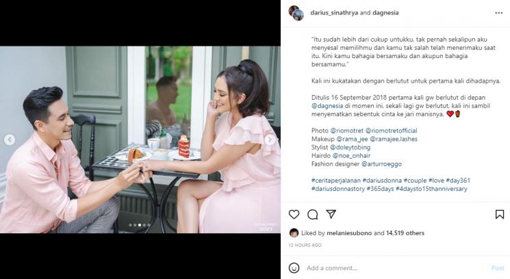 Darius Sinathrya dan Donna Agnesia rayakan ulang tahun pernikahan. (Instagram/darius_sinathrya)