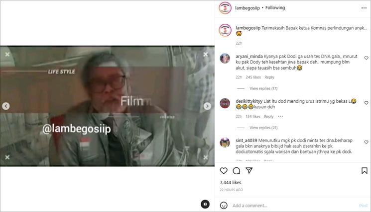 Komnas PA, Arist Merdeka Sirait tegaskan tak perlu tes DNA Gala Sky. (Instagram/@lambegosiip)