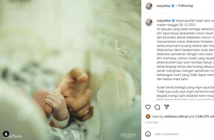 Rizky Billar unggah potret baby L. (Instagram/rizkybillar)