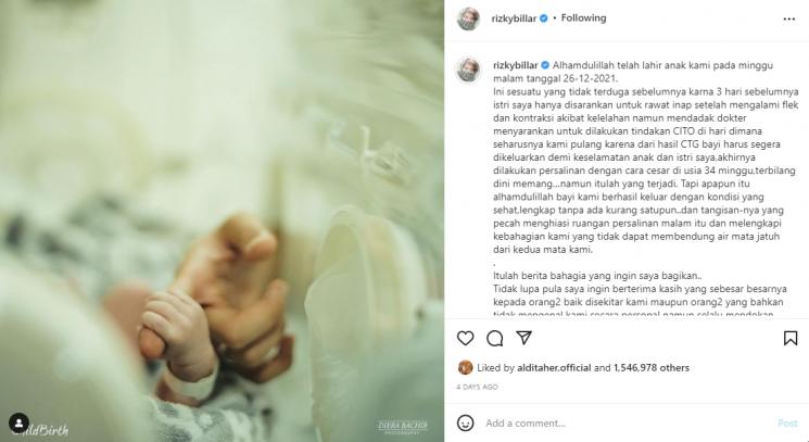 Rizky Billar unggah potret baby L. (Instagram/rizkybillar)