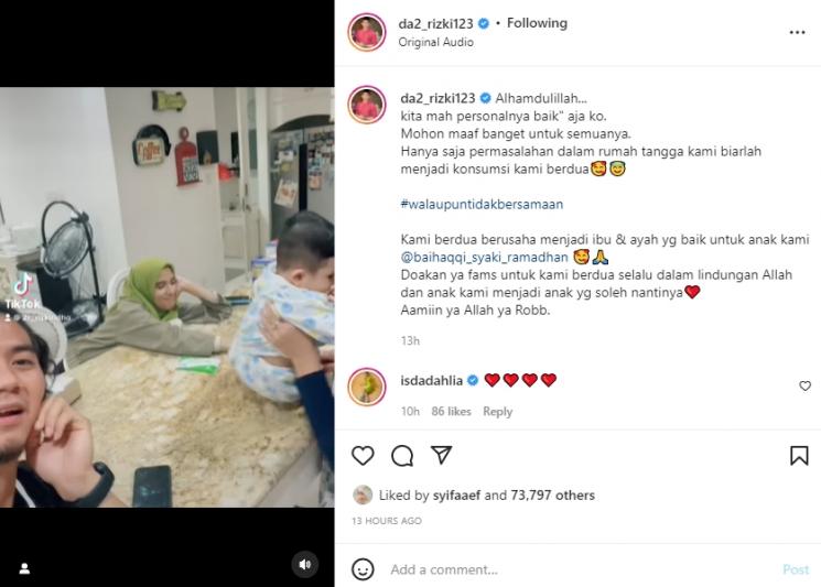 Rizki DA dan Nadya Mustika Rahayu kompak lagi. (Instagram/da2_rizki123)