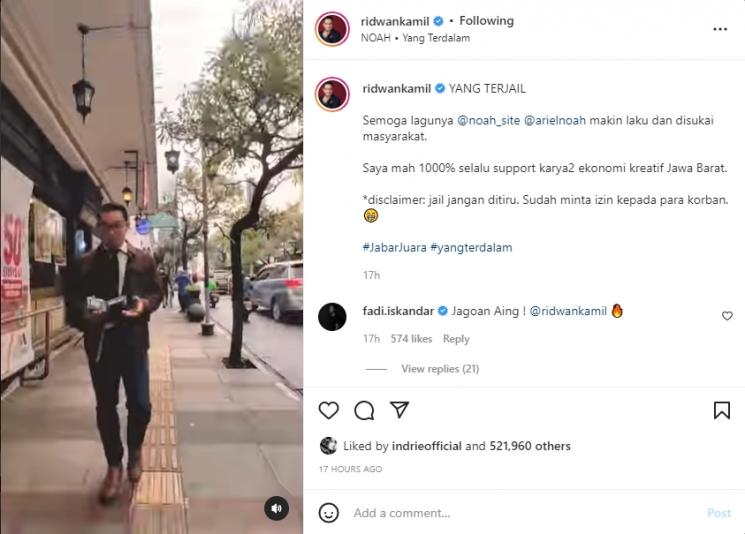 Ridwan Kamil parodikan video musik NOAH "Yang Terdalam". (Instagram/ridwankamil)