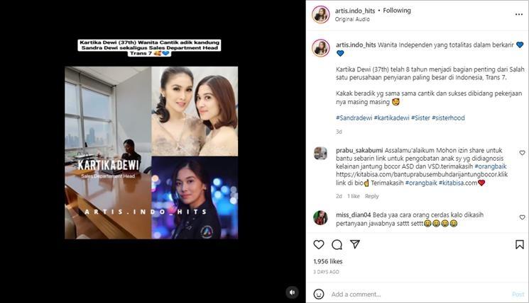 Pekerjaan mentereng adik Sandra Dewi, Kartika Dewi. (Instagram/@artis.indo_hits)