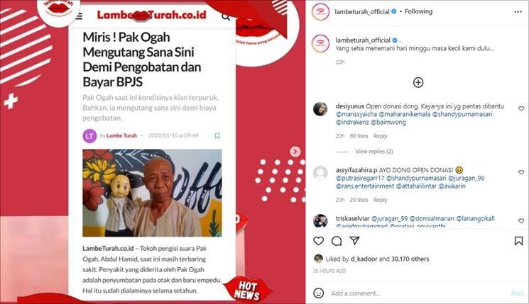 Kondisi terbaru Pak Ogah. (Instagram/@lambe_turah)