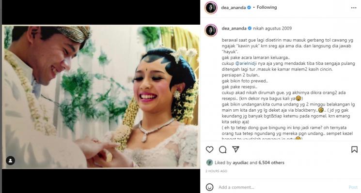 Dea Ananda kenang kisahnya ke pelaminan bersama Ariel Nidji. (Instagram/dea_ananda)