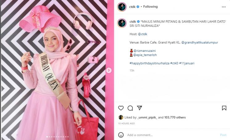 Siti Nurhaliza merayakan ulang tahun. (Instagram/ctdk)