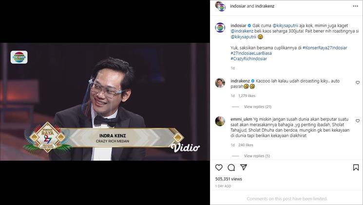 Crazy Rich Medan, Indra Kenz, di-roasting Kiky Saputri. (Instagram/@indrakenz)