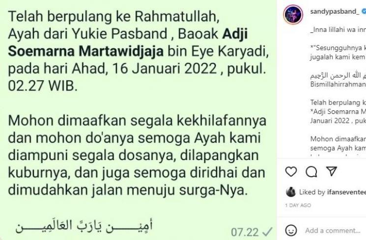 Ayah Yuki Pas Band meninggal dunia (Intagram sandypasband_)