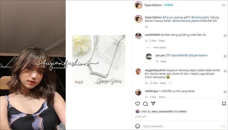 Fuji pakai kalung berlian kado dari Marissya Icha. (Instagram/@fujian.fashion)
