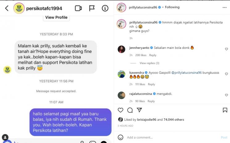 Prilly Latuconsina diisukan beli klub sepak bola Persikota Tangerang. (Instagram/prillylatuconsina96)