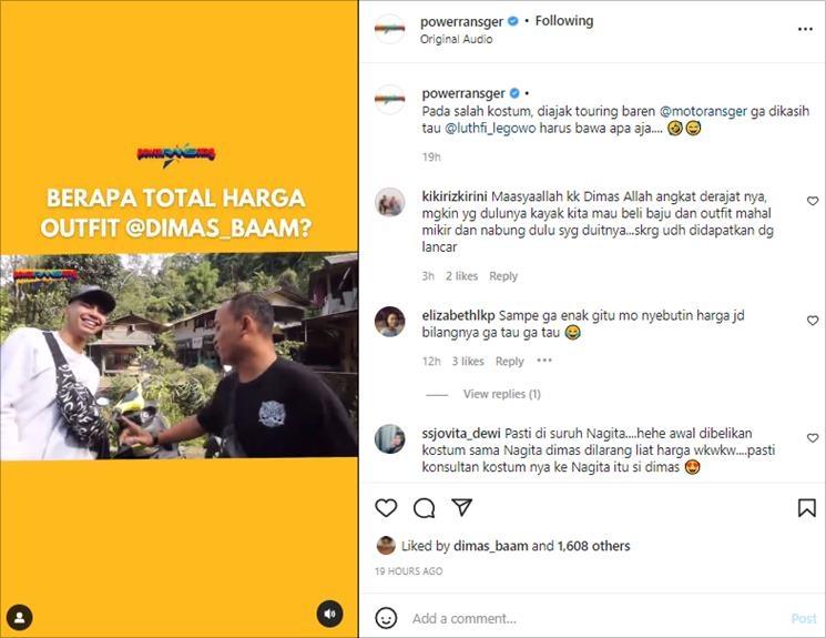 Outfit Dimas Ahmad dibongkar. (Instagram/@powerransger)
