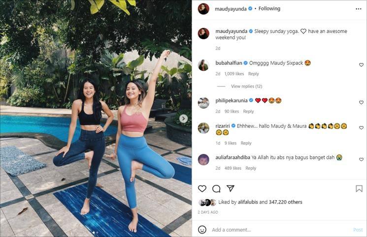 Momen Maudy Ayunda yoga bareng adik. (Instagram/@maudyayunda)