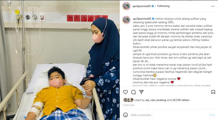 Anak Ustaz Solmed dan April Jasmine, Sulthan Mahmoed Qusyairi sakit. (Instagram/apriljasmine85)