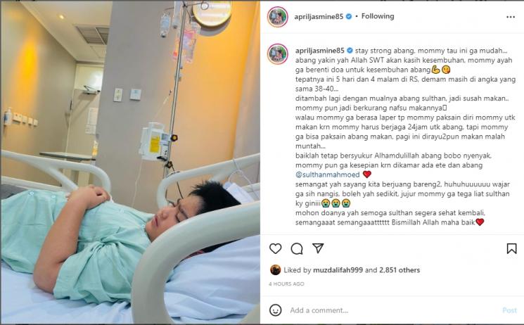 Anak Ustaz Solmed dan April Jasmine, Sulthan Mahmoed Qusyairi sakit. (Instagram/apriljasmine85)
