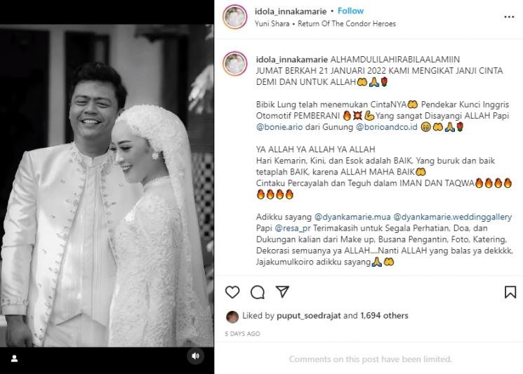 Inna Kamarie resmi menikah dengan Bonie Ario. (Instagram/idola_innakamarie)