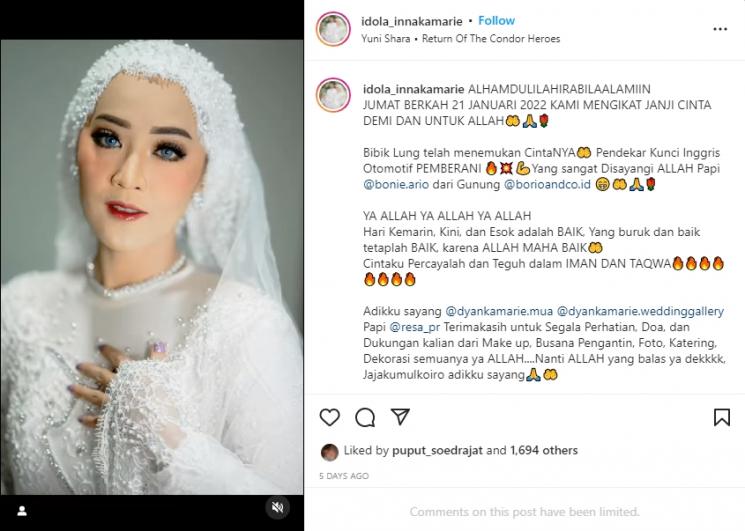 Inna Kamarie resmi menikah dengan Bonie Ario. (Instagram/idola_innakamarie)