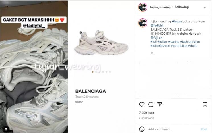 Fuji dapat Balenciaga Track 2 Sneakers dari sang kakak, Fadly Faisal. (Instagram/fujian_wearing)