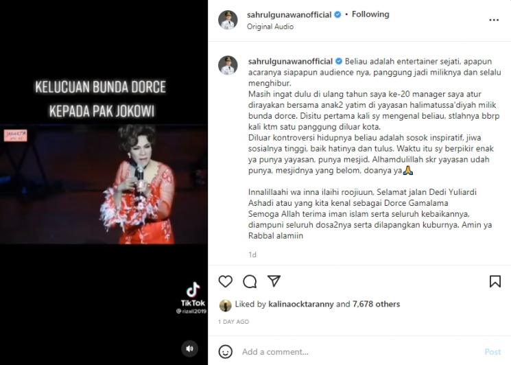 Sahrul Gunawan mengenang Dorce Gamalama. (Instagram/sahrulgunawanofficial)