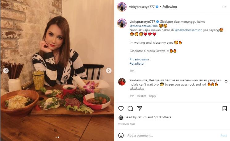 Maria Ozawa mengaku kangen Vicky Prasetyo. (Instagram/vickyprasetyo777)
