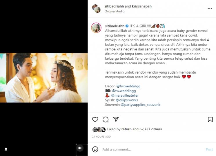 Siti Badriah Ungkap Jenis Kelamin Anak. (Instagram/sitibadriahh/tw.weddingg)