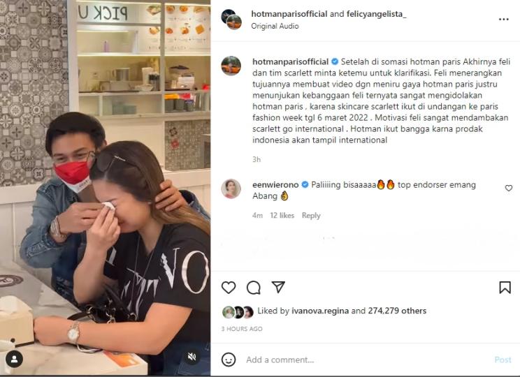 Felicya Angelista bertemu Hotman Paris yang sebelumnya mengancam memberikan somasi. [Instagram/felicyangelista_]