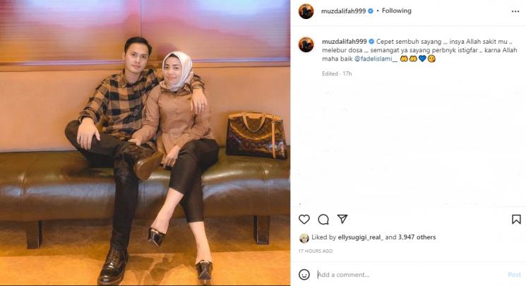 Muzdalifah mengabarkan bahwa sang suami, Fadel Islami sedang sakit. (Instagram/muzdalifah999)