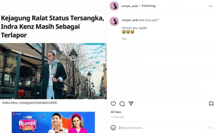 Status tersangka Indra Kenz diralat. (Instagram/rumpii_asiik)