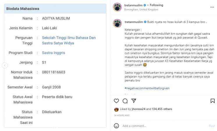 Tretan Muslim kuliah di 3 kampus. (Instagram/tretanmuslim)