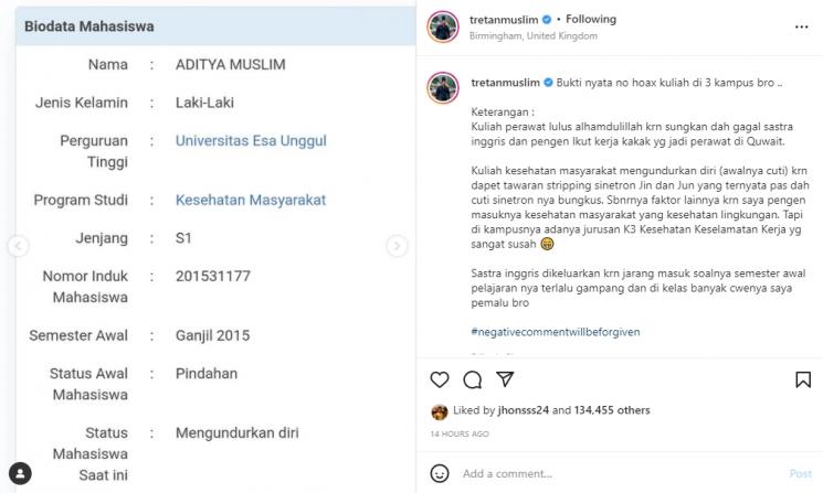 Tretan Muslim kuliah di 3 kampus. (Instagram/tretanmuslim)
