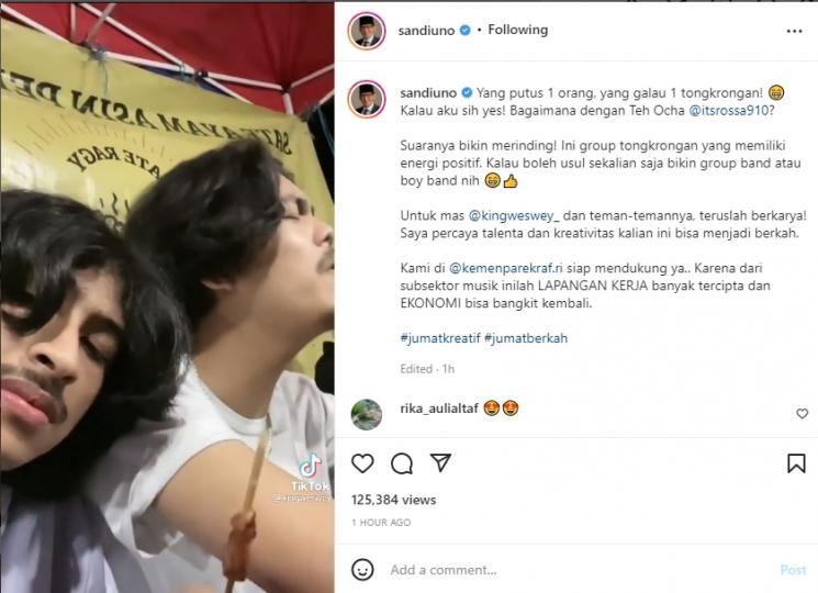 Suara keren Tiktokers disorot menteri Sandiaga Uno. (Instagram/sandiuno/kingweswey_)