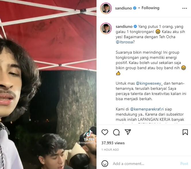 Suara keren Tiktokers disorot menteri Sandiaga Uno. (Instagram/sandiuno/kingweswey_)