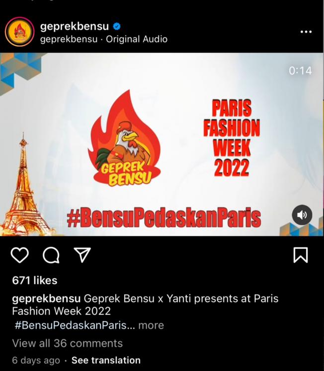 Unggahan Geprek Bensu untuk Paris Fashion Week. (Instagram/geprekbensu)