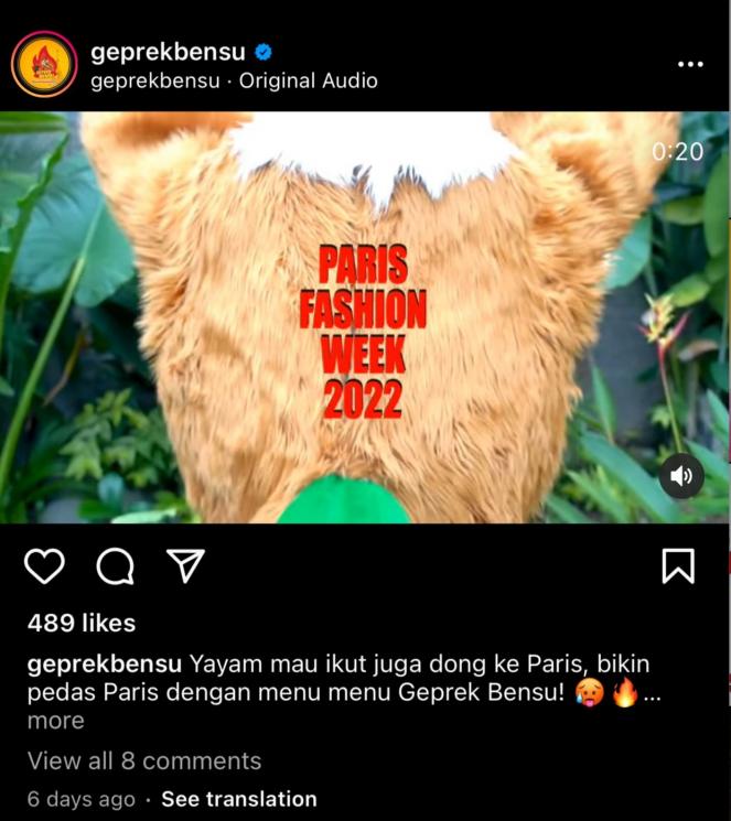 Unggahan Geprek Bensu untuk Paris Fashion Week. (Instagram/geprekbensu)