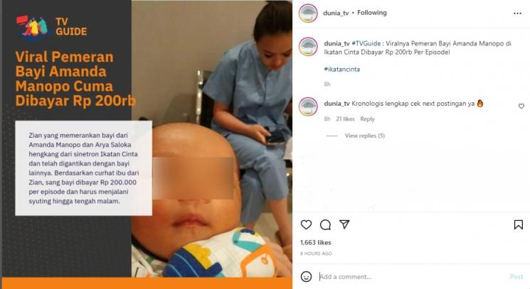 Viral seorang ibu curhat bayinya diajak syuting Ikatan Cinta. (Instagram/dunia_tv)