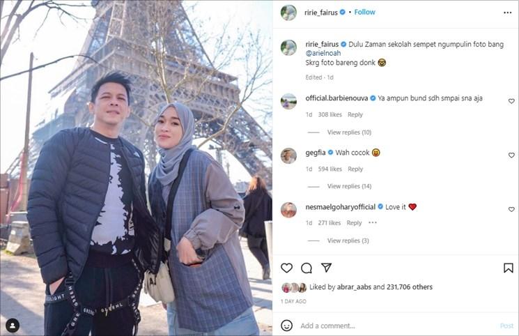 Ariel NOAH foto bareng Ririe Fairus di Paris. (Instagram/@ririe_fairus)