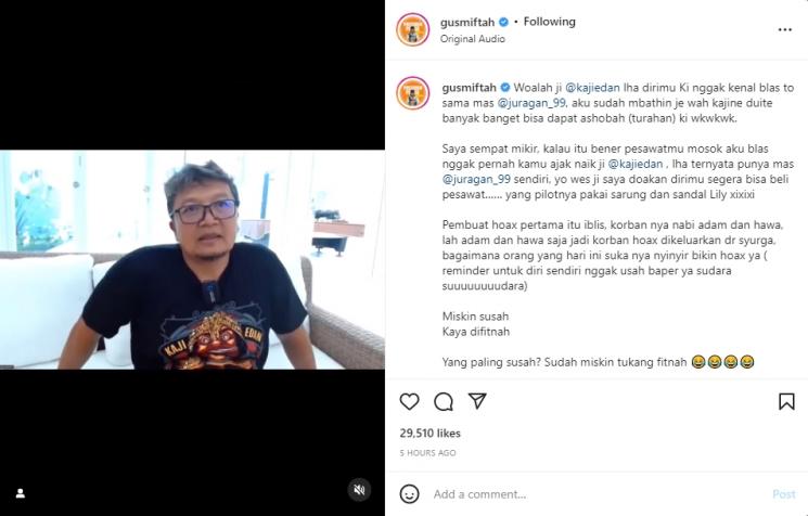 Gus Miftah komentari pengakuan Kaji Edan. (Instagram/gusmiftah)